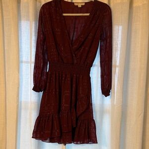 Michael Kors Elegant Burgundy Metallic Plaid Detail Long Sleeve Dress